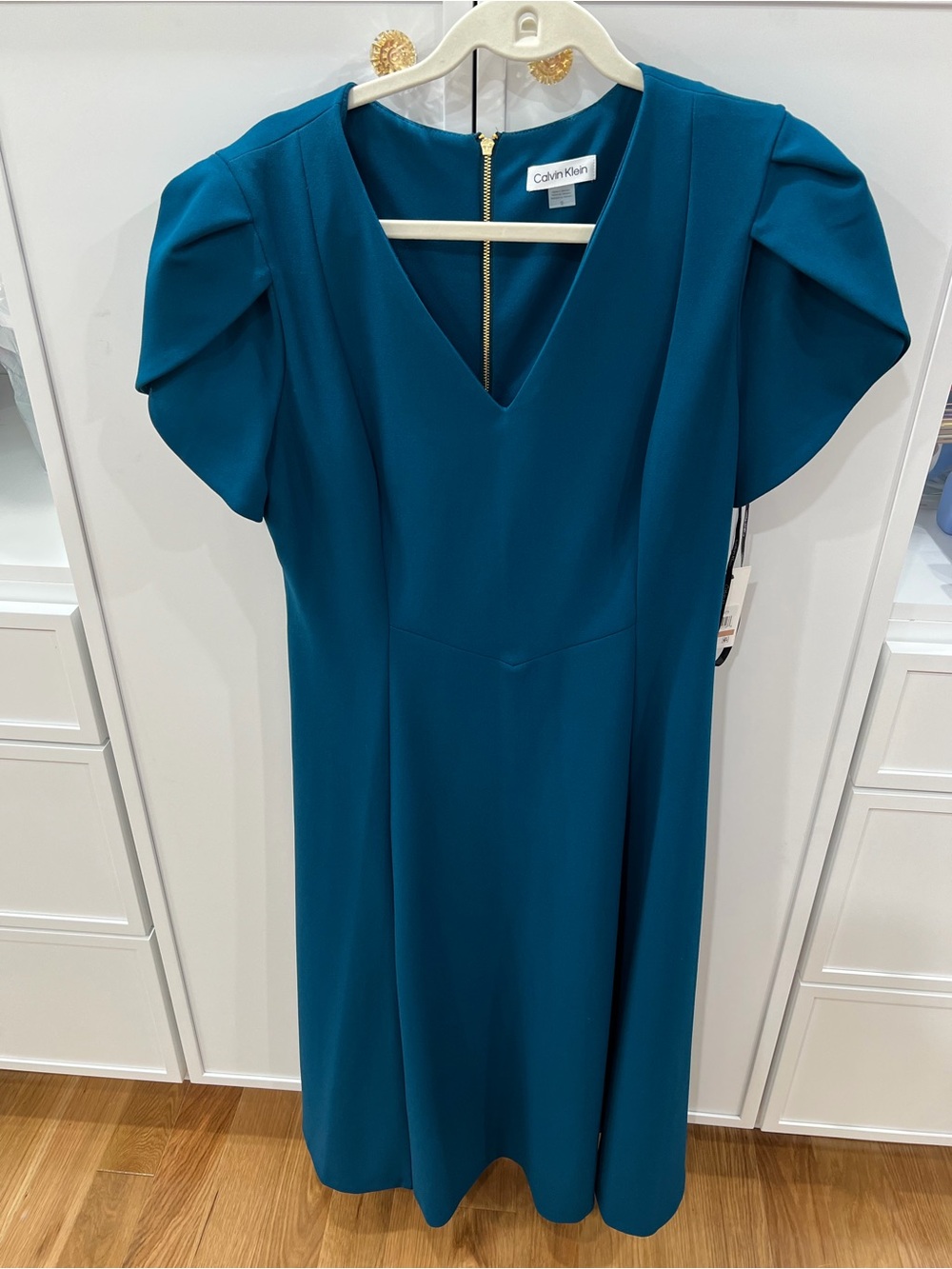Calvin Klein Teal V-Neck Midi Dress with Puff Sleeves